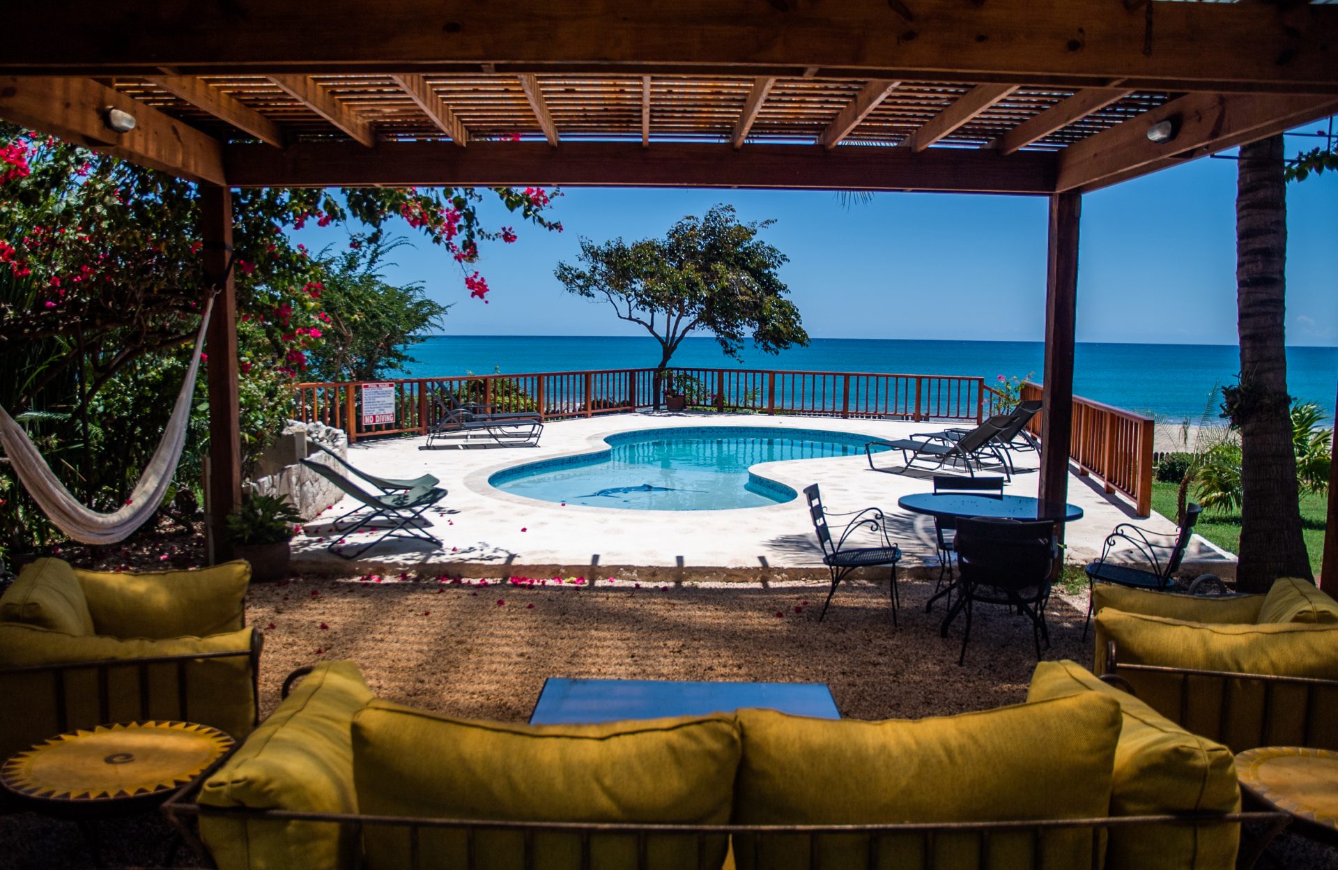 Tranquil pool area at the Jamaican mushroom retreat Blue Marlin.