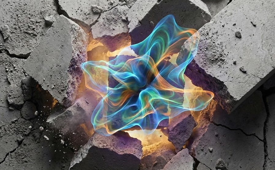Abstract image of overcoming fibromyalgia with bright light breaking out of concrete.